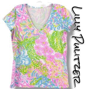Lilly Pulitzer Michele Tee Lovers Coral Print V Neck Top Womens M Coastal Resort